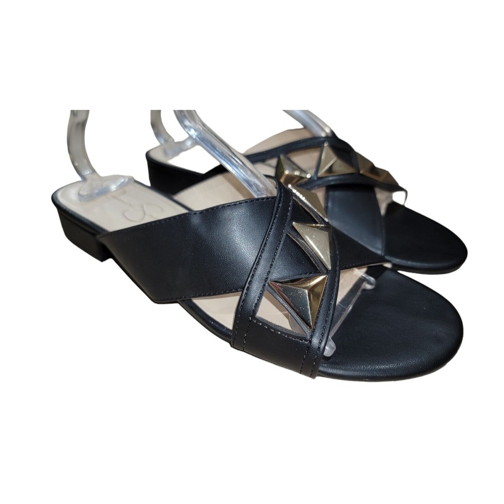 Jessica Simpson Madrie Sandals Womens 10 M Black Gold Metal Triangle Slides Shoe